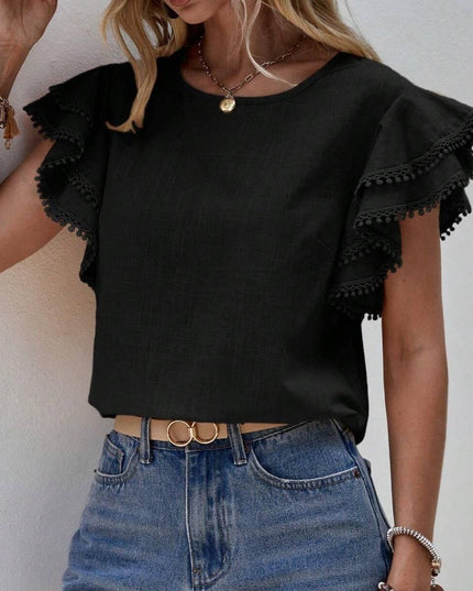 Crewneck Loose Lace Ruffle Short-Sleeved T-Shirt Top