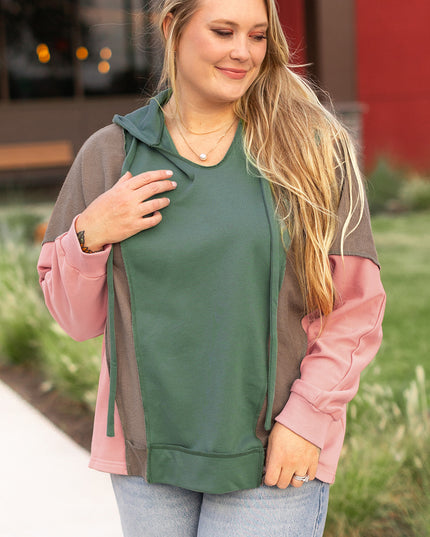 Breen Plus Size Colorblock Patchwork V Neck Hoodie