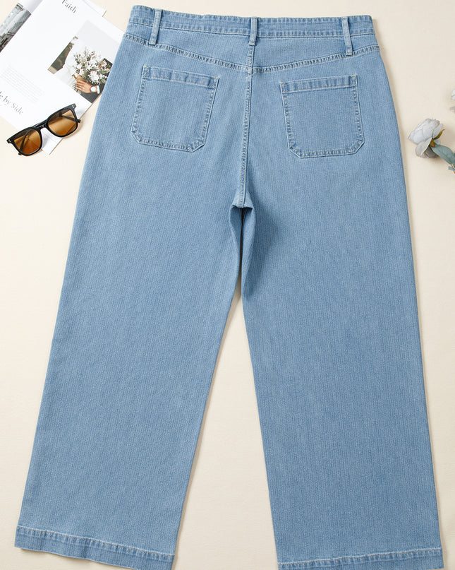 Dusk Blue Patched Pocket Textured Wide Leg Plus Size Jeans