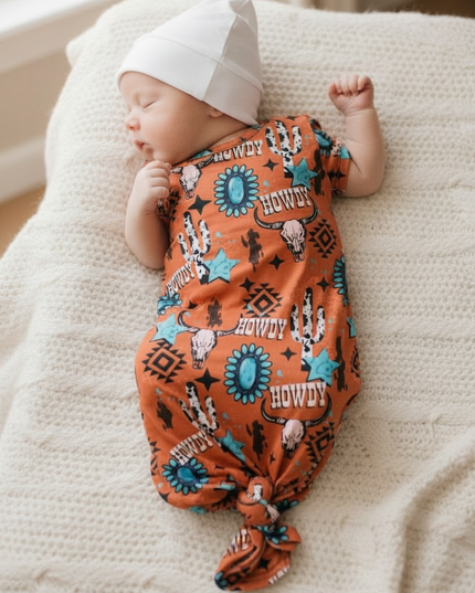 Cute bull skull burnt orange printed baby gown. PJB25153009