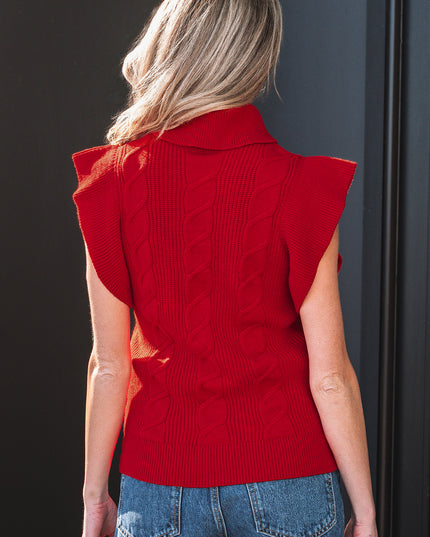 Tomato Red Cable Knit Turtleneck Ruffled Short Sleeve Sweater