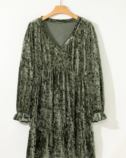 Coffee Plus Size Velvet Babydoll Mini Dress with Puff Sleeve