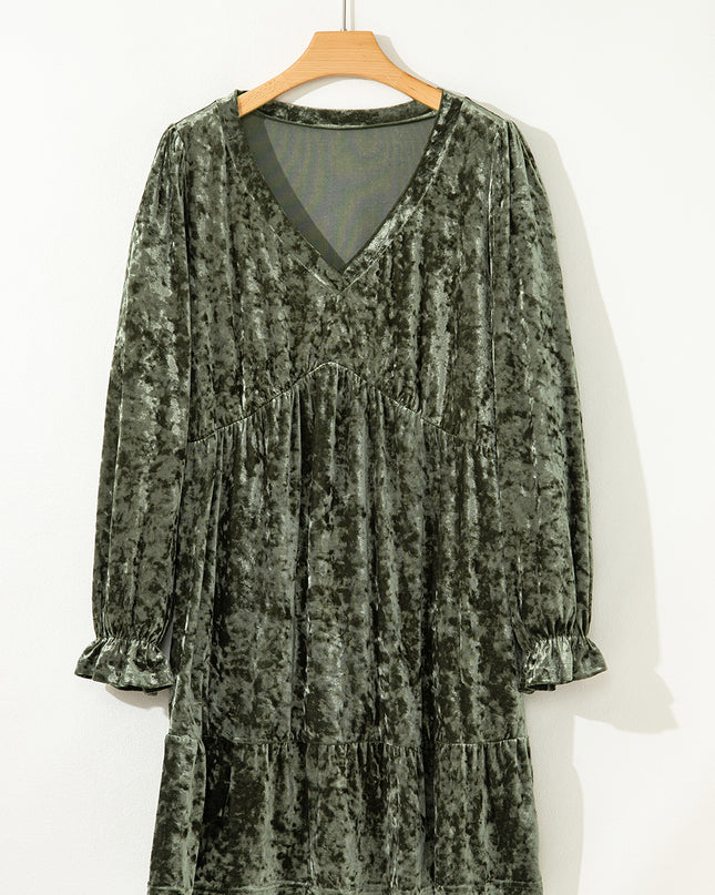 Coffee Plus Size Velvet Babydoll Mini Dress with Puff Sleeve