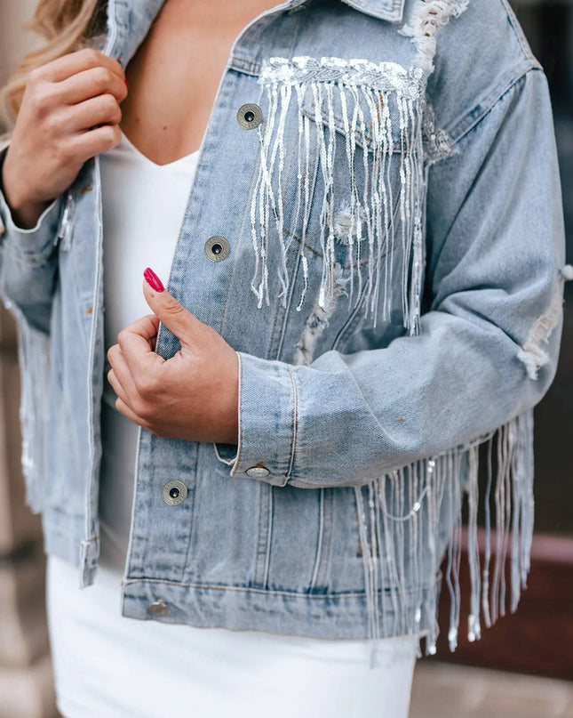 Sky Blue Sequin Embellished Fringe Distressed Denim Jacket