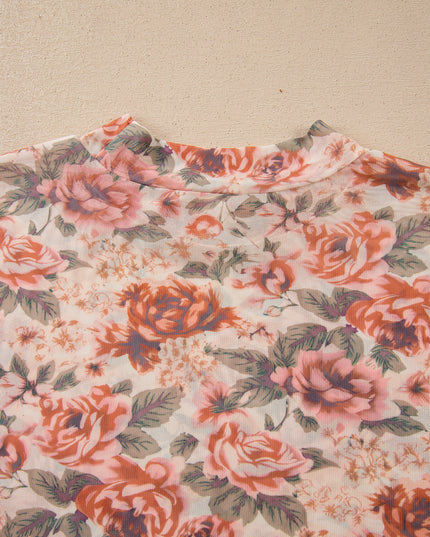 Pink Plus Size Floral Mock Neck Long Sleeve Slim Top