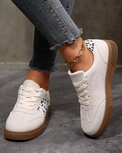 White Suede Leopard Color Block Trim Lace-up Casual Shoes