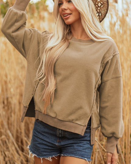 Dark Khaki Fuzzy Sherpa Splicing Pullover Sweatshirt with Side Slit