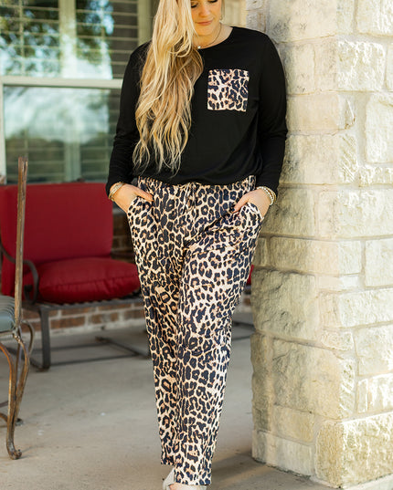 Black Leopard Patched Pocket Long Sleeve Top Plus Size Pants Set