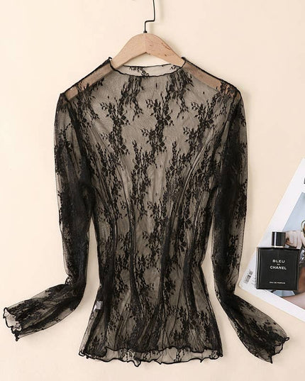 Semi Sheer Mesh Floral Lace Layering See Through Top