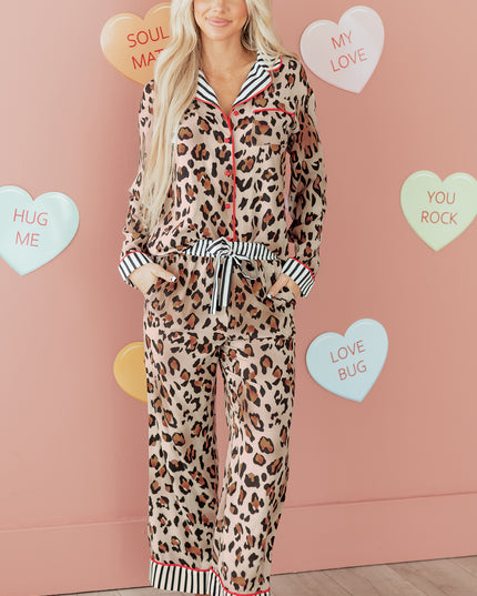 Dearlove Khaki Leopard Print Colorblock Striped Edge Shirt and Pants Pajama Set