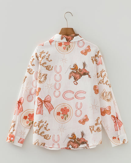 White Rodeo Cowgirl Print Western Button up Shirt