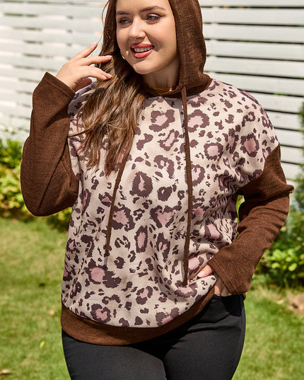 Brown Leopard Print Knit Patchwork Plus Hoodie