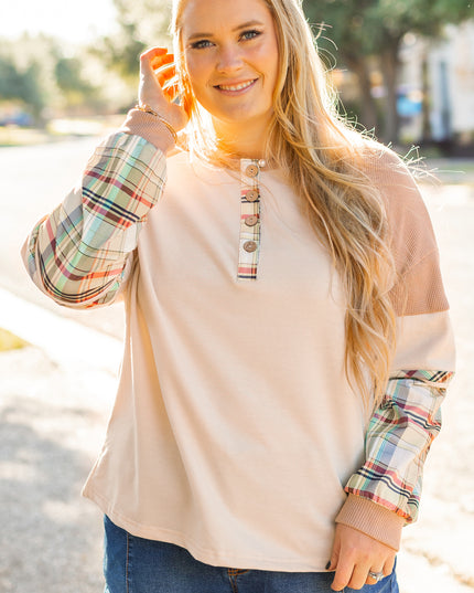 Parchment Plus Size Plaid Patchwork Layered Henley Top