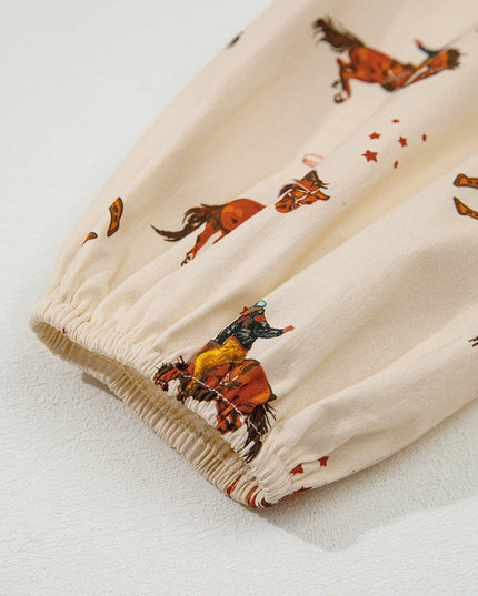 Apricot Western Rodeo Print Tied Front Puff Sleeve Peplum Top