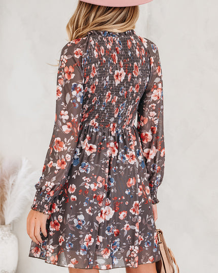 Brown Frilly Smocked Bodice Floral Mesh Long Sleeve Mini Dress