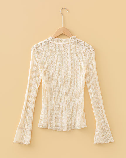 Light Pink Flounced Long Sleeve Mock Neck Sheer Lace Top