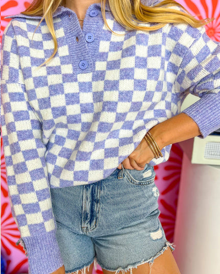 Purple Checkered Collared Buttons Plus Size Sweater