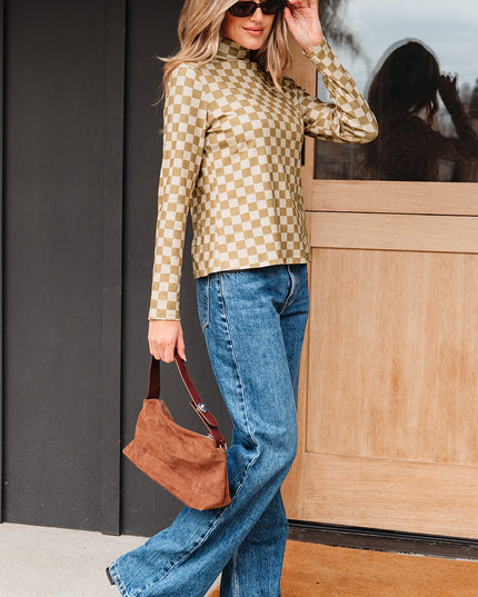 Khaki Check Pattern Turtleneck Ribbed Slim Long Sleeve Tee