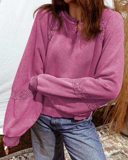 Sail Blue Lace Patchwork Detail Notched Neck Mineral Wash Baggy Sweatshirt