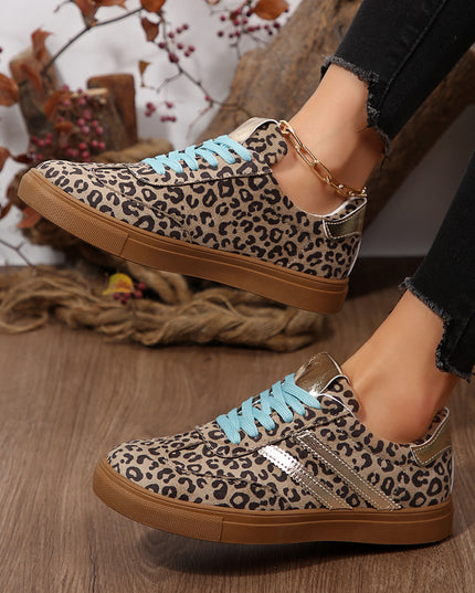 Coffee Faux Suede Leopard Print Sleek PU Leather Detail Lace Up Sneakers