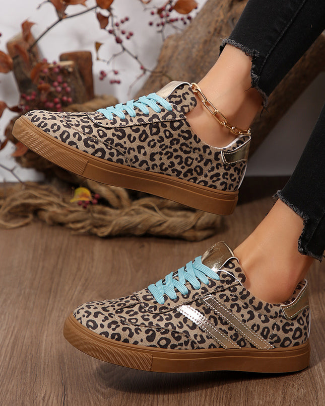 Coffee Faux Suede Leopard Print Sleek PU Leather Detail Lace Up Sneakers