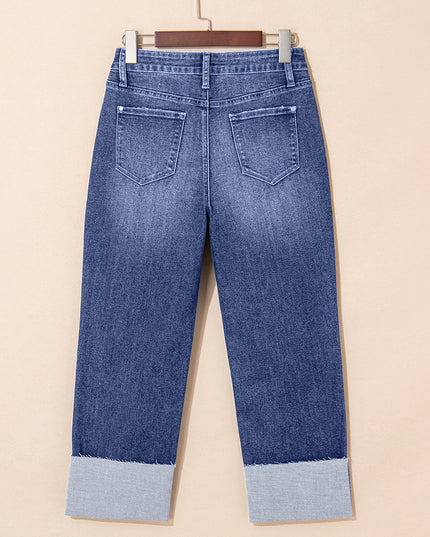 Real Teal Folded Cuffs Distressed Straight High Waist Jeans