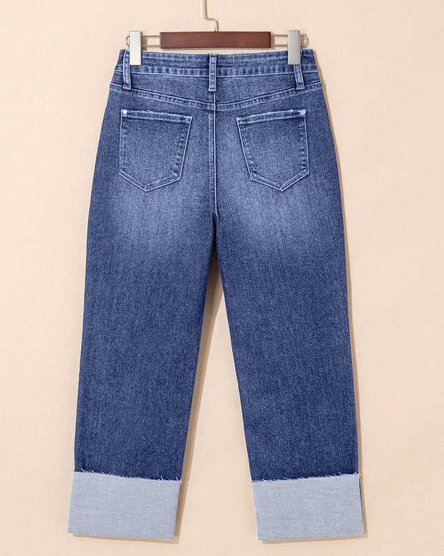 Real Teal Folded Cuffs Distressed Straight High Waist Jeans