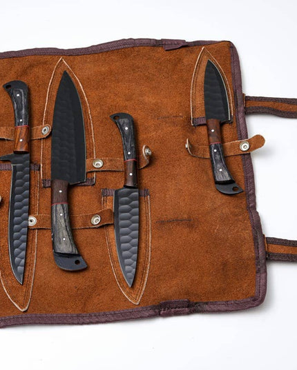 Hand-Forged 5-Piece Kitchen Knife Set | Hammered Black Carbon Steel | Pakkawood & Black WalnutHandles