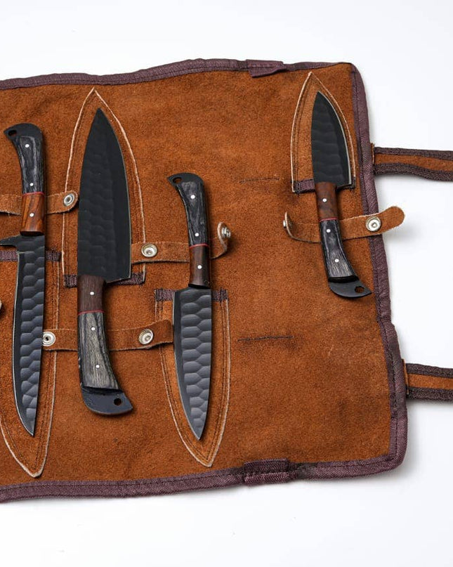 Hand-Forged 5-Piece Kitchen Knife Set | Hammered Black Carbon Steel | Pakkawood & Black WalnutHandles