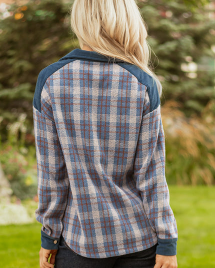 Gray Plaid Corduroy Patchwork Collared Zip Up Snap Button Jacket