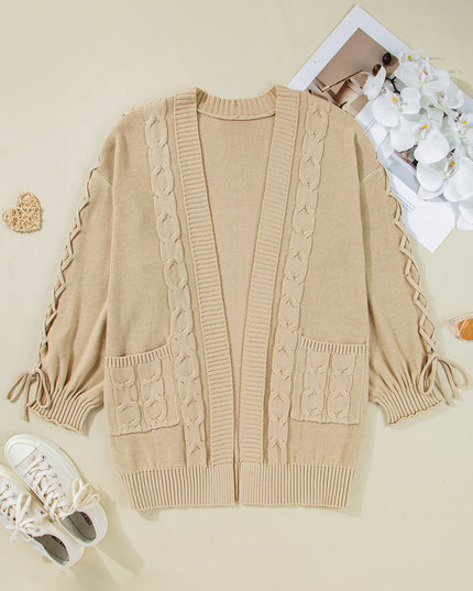 Parchment Cable Knit Braided Tie Sleeve Plus Size Open Cardigan