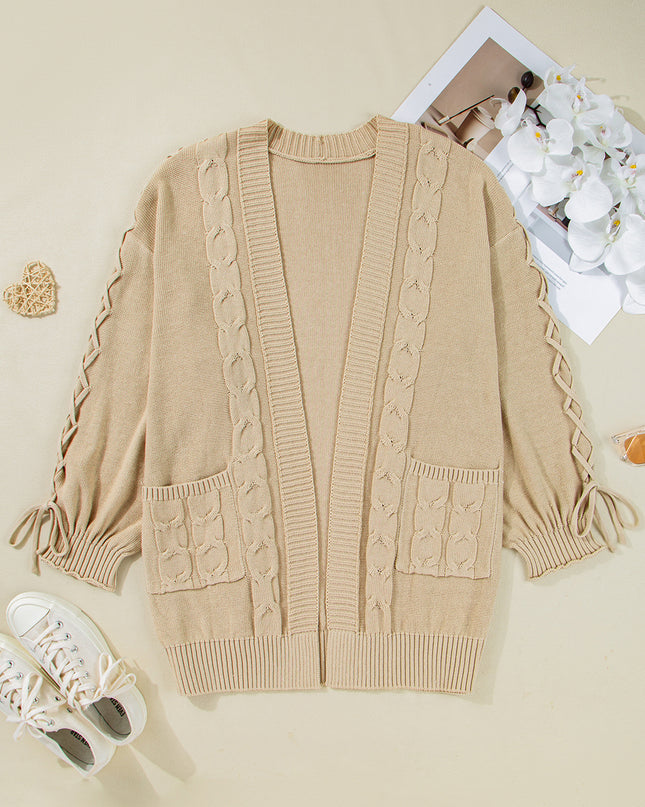 Parchment Cable Knit Braided Tie Sleeve Plus Size Open Cardigan
