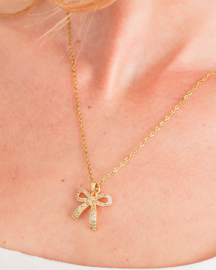Gold Plated Rhinestone Bowknot Pendant Necklace