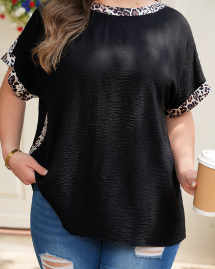 Black Plus Size Leopard Patchwork Round Neck Loose Tee