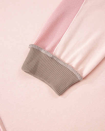 Light Pink Plus Color Block Waffle Patchwork Exposed Seam Baggy Sweatshirt