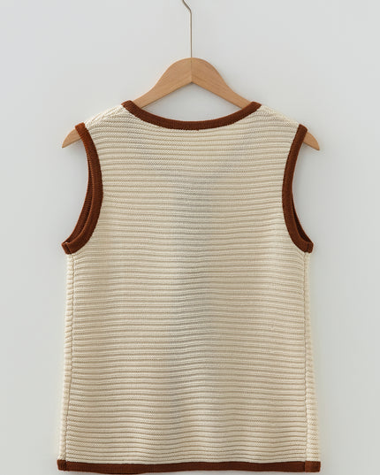 White Horizontal Ribbed Knit Contrast Trim Ties Front Sweater Vest