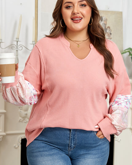 Pink Floral Sleeve Patchwork Waffle Knit Notched V Neck Plus Size Top