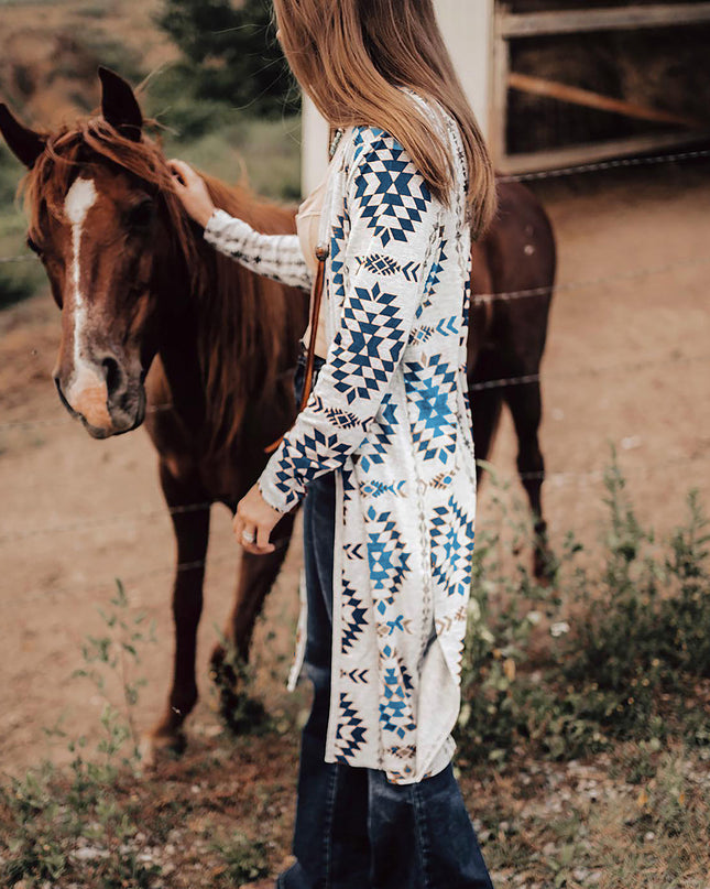 Sky Blue Western Aztec Printed Open Front Long Cardigan