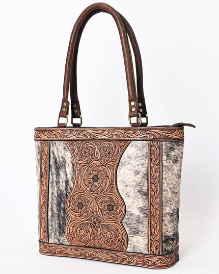 ADBGA339 Hair-On Cowhide Tote Bag with Hand-Tooled Leather Floral Accents