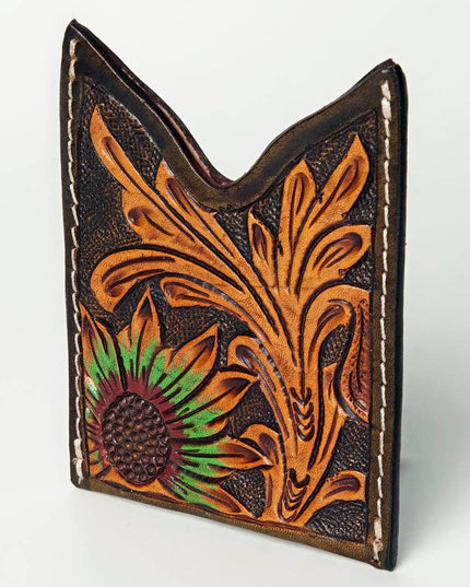 ADCCF108 Hand-Tooled Leather Card Holder - Sunflower & Western Floral Design