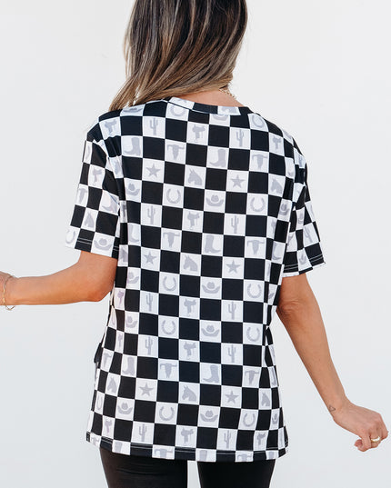 Black Western Fashion Checkerboard Print Side Split T Shirt