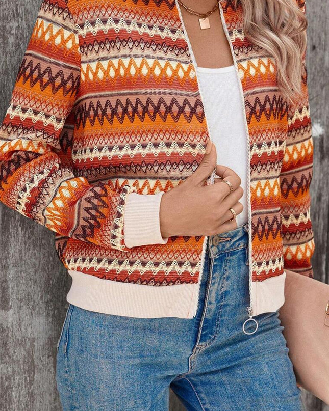 Orange Boho Striped Zip Up Long Sleeve Jacket