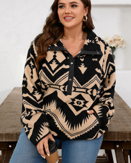 Black Plus Size Western Aztec Pattern Half Button Collared Plush Sweatshirt