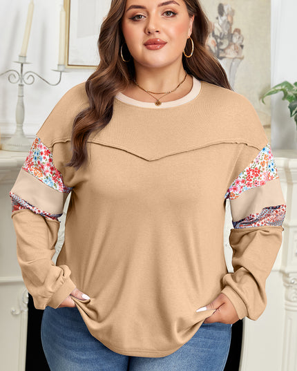 Khaki Exposed Seam Floral Mixed Patchwork Relaxed Plus Size Top