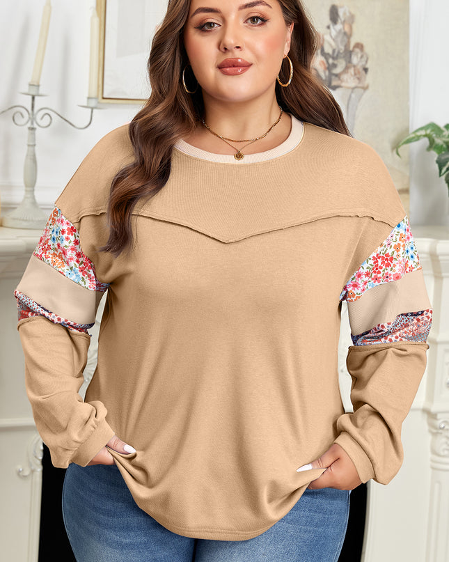 Khaki Exposed Seam Floral Mixed Patchwork Relaxed Plus Size Top
