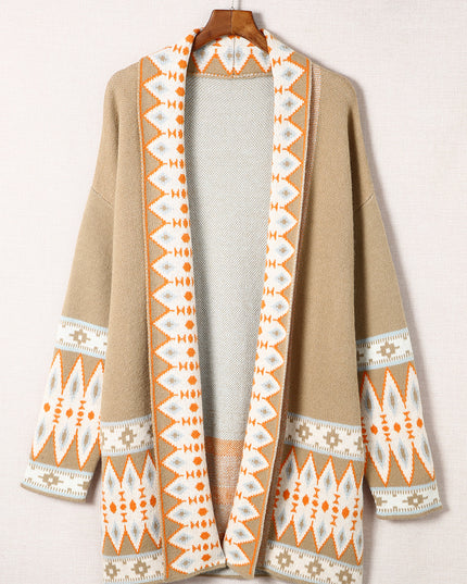 Khaki Aztec Print Open Front Knitted Cardigan
