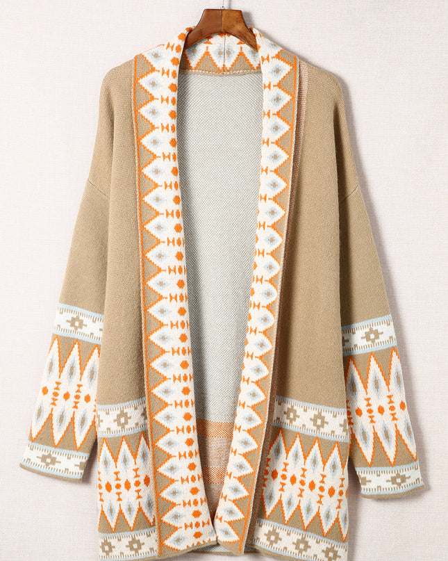 Khaki Aztec Print Open Front Knitted Cardigan