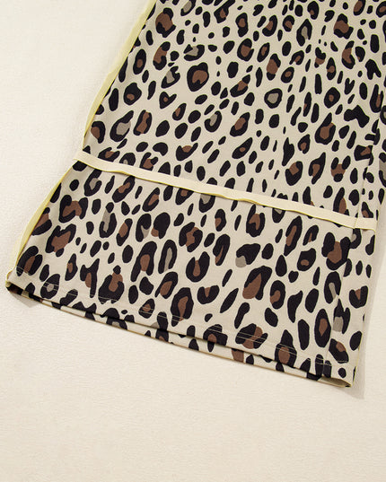 Khaki Exposed Seam Patched Pocket Plus Size Drawstring Leopard Wide Leg Pants