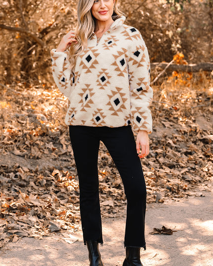 Khaki Aztec Print Sherpa Quarter Zip Collar Sweatshirt