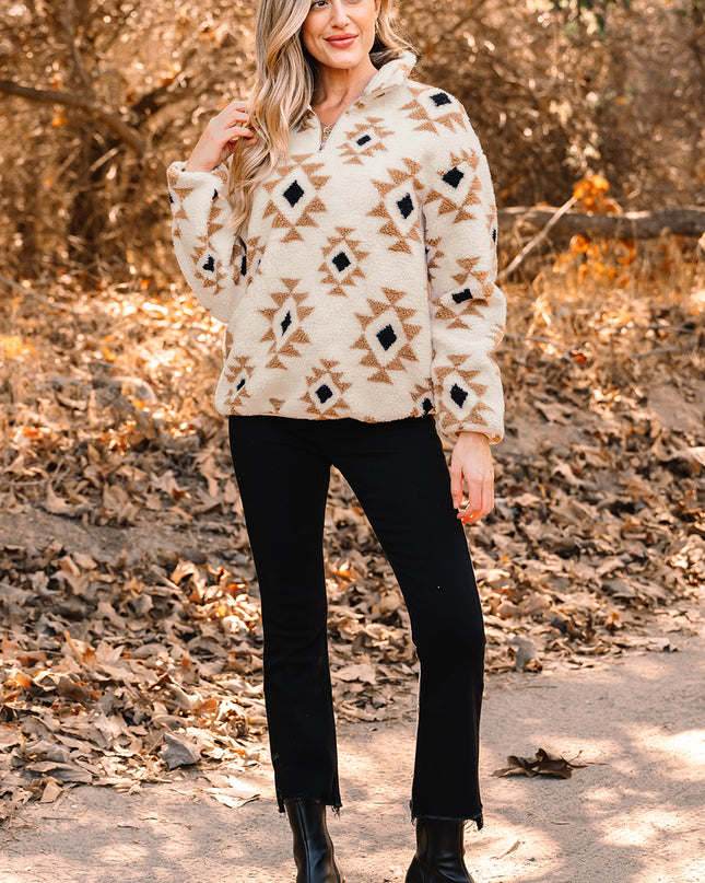 Khaki Aztec Print Sherpa Quarter Zip Collar Sweatshirt